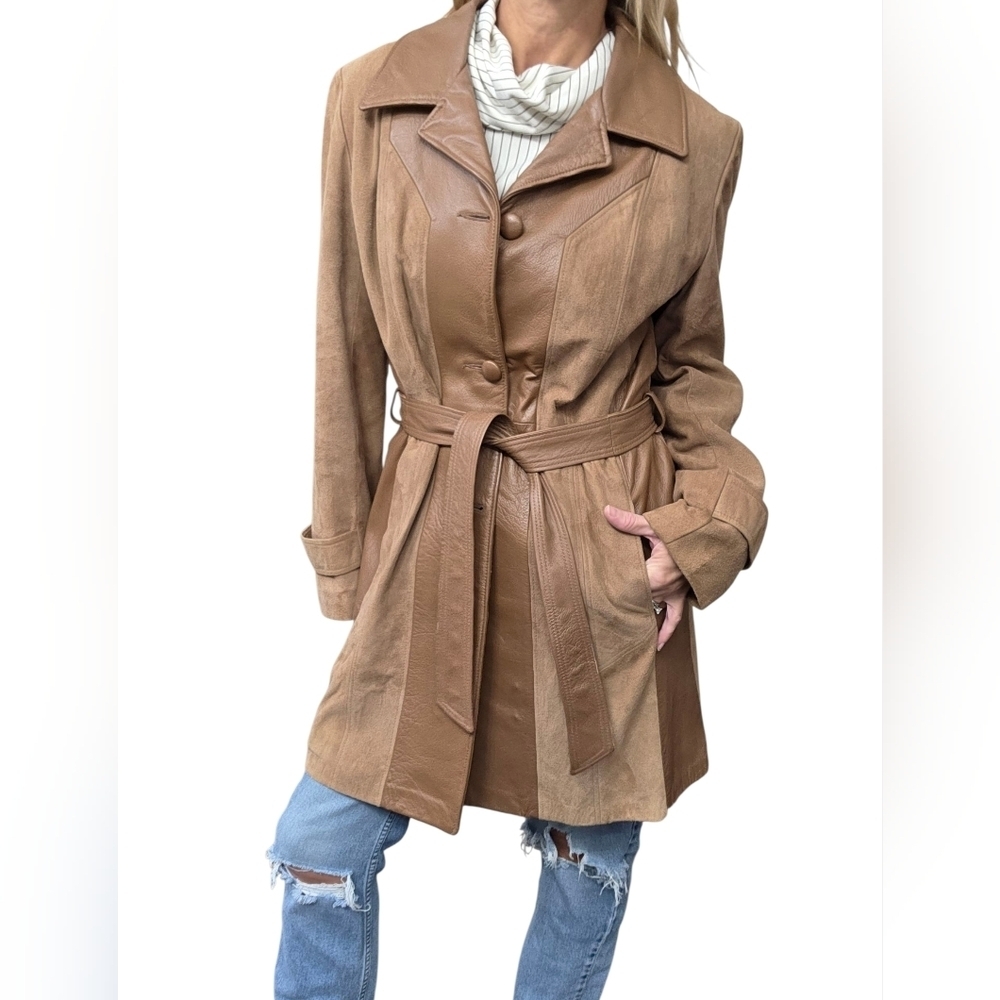 Vintage 70s Leather Suede Belted Trench Coat Tan Made in USA